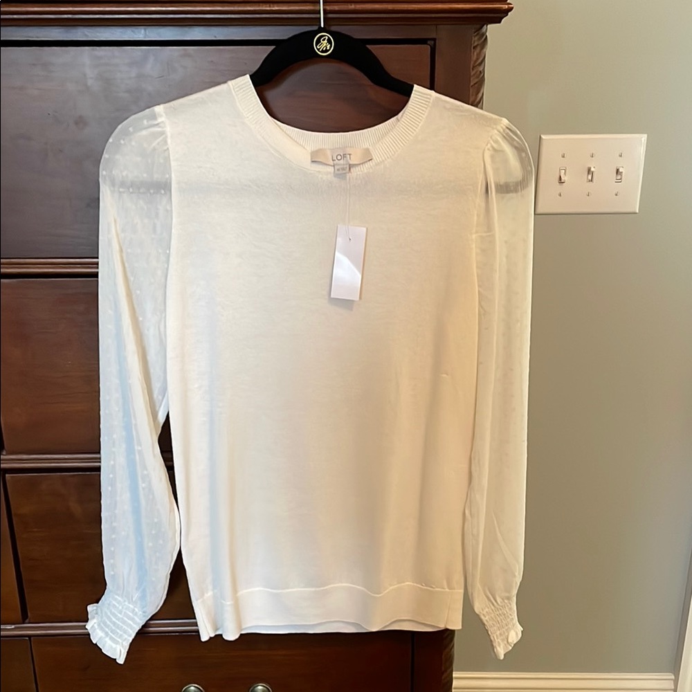 NWT • LOFT Women's White top w Sheer Long Sleeves.